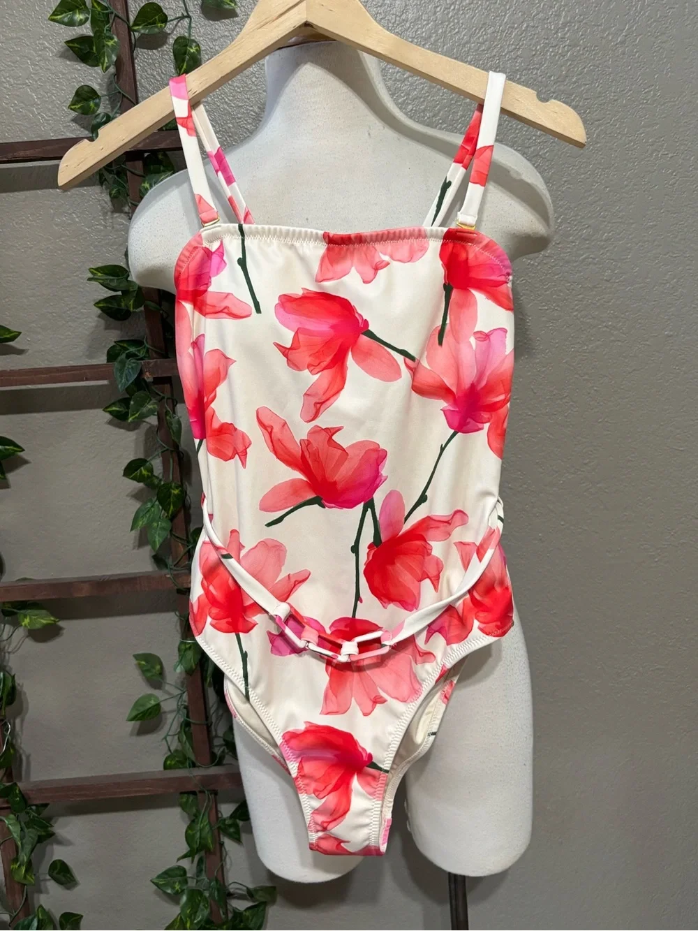 HUTCH Chain Belt One-Piece Swimsuit in  Ivory Red Floral